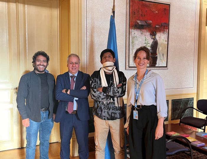 Jorge Roldan del Solar, Luis Pedernera, member of the Committee on the Rights of the Child, Erick and Clélia Bringolf from the Fondation d'Apprentis d'Auteuil International, at the United Nations in Geneva.