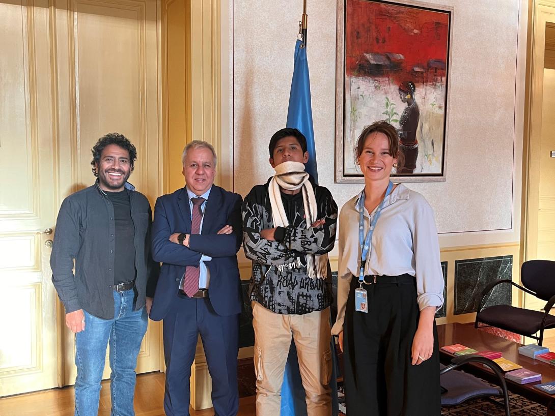 Jorge Roldan del Solar, Luis Pedernera, membre du Comité des droits de l'enfant, Erick et Clélia Bringolf de la Fondation d'Apprentis d'Auteuil International, aux Nations Unies à Genève © Apprentis d'Auteuil